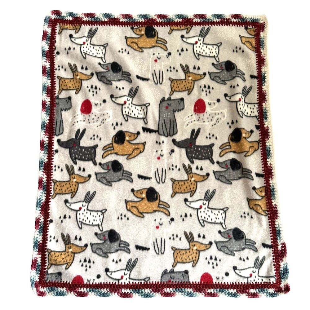 Dog Print Fleece Blanket Throw Crocheted Edge 32.5 x 39 Gift Dog Lovers